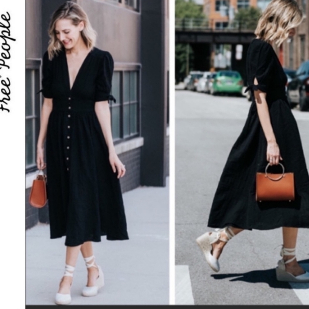 Free People Black Midi Button-Front Dress - Picture 3 of 14